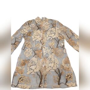 Connie Roberson 100% Silk Sheer Floral Blouse XL Gold Embroidered Button Front